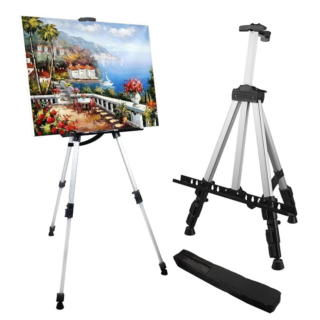 Art Easel Stand for Painting and Sign - RRFTOK Aluminum 66 Inch Metal Tripod Adjustable Portable Easels for Display - Canvas Stand for Table Top Floor Drawing for Artists Adult Holder or Teen & Organizer Storage Tote Bag
